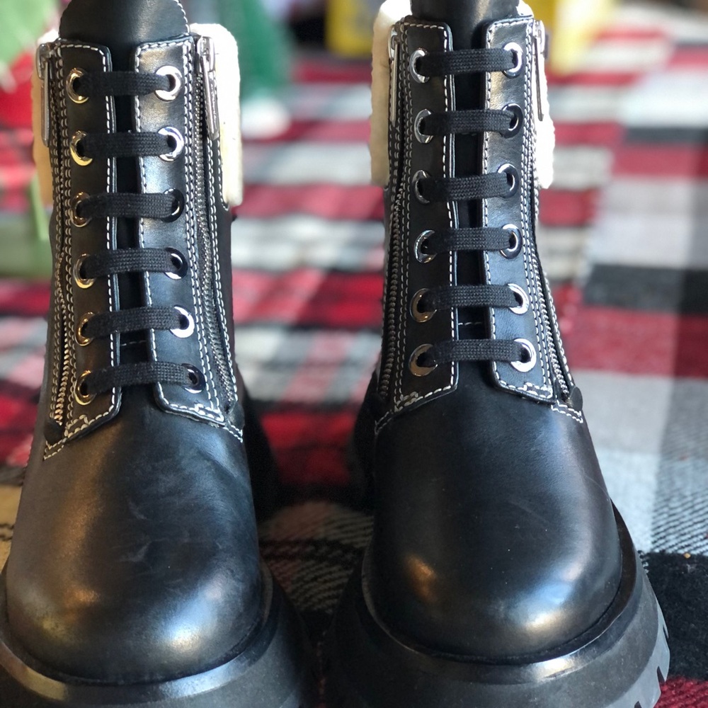 Black Leather Ankle Boots with White Shearling Collar by Phillip Lim 6.5